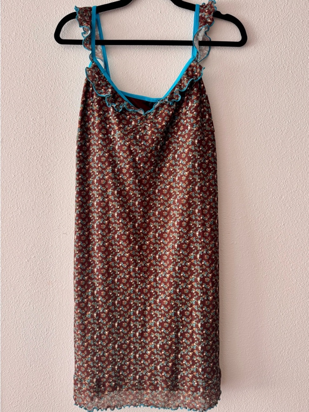 Vintage Brown Floral Dress with Teal Lace Trim